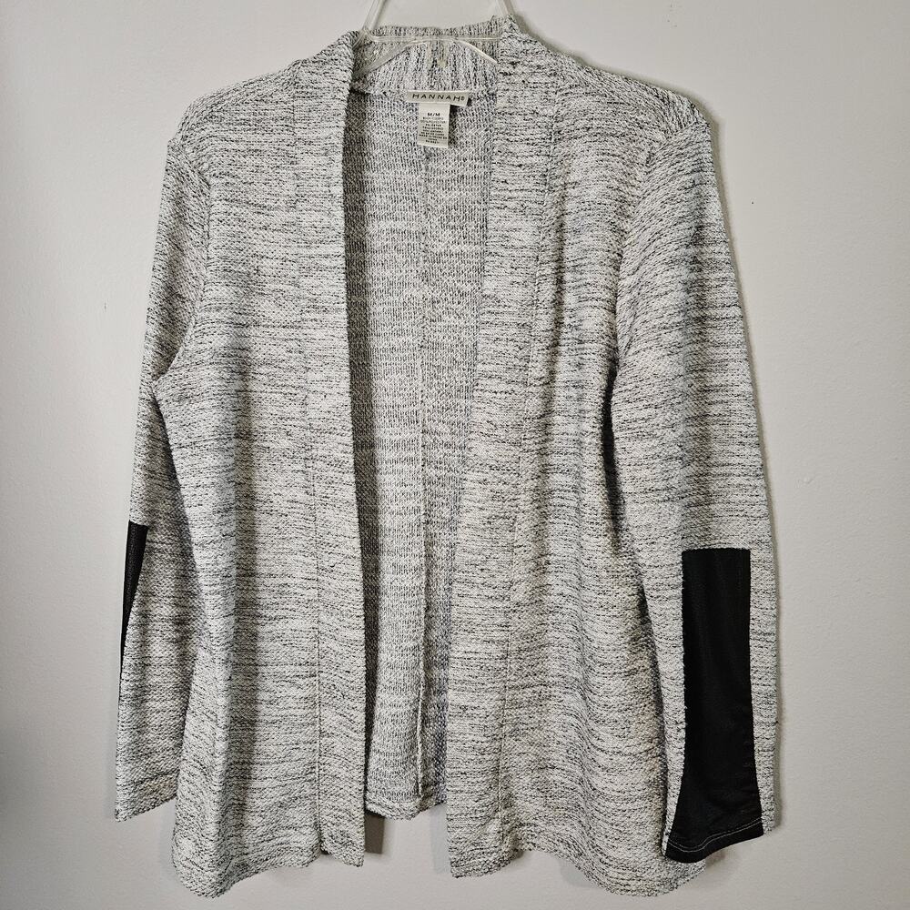 Hannah Brand Open Front Cardigan Faux Leather Arm Patch Gray Ltwt Women's M